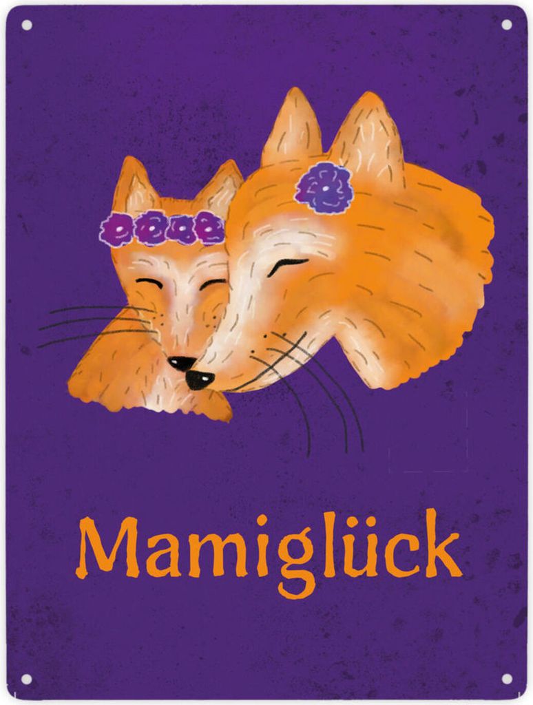 Füchse Mamiglück Metallschild XXL in 28x38 cm mit Mädchen in Lila mit orangener
