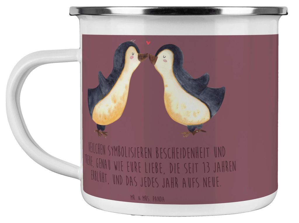 Mr. & Mrs. Panda Emaille Tasse 13. Hochzeitstag Veilchenhochzeit - Kaffa Coffee - Geschenk, Kaffeepott, Heiraten, Ehejubiläum, Bescheidenheit, Haf...