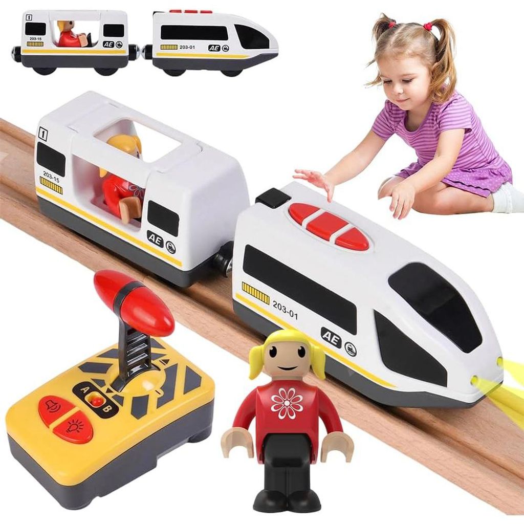 Bateriebetriebene Lokomotive Holz Eisenbahn Set Elektrische lok mit Fernbedienung Lokomotivzug für Kinder ab 3 Jahre Mädchen Jungen