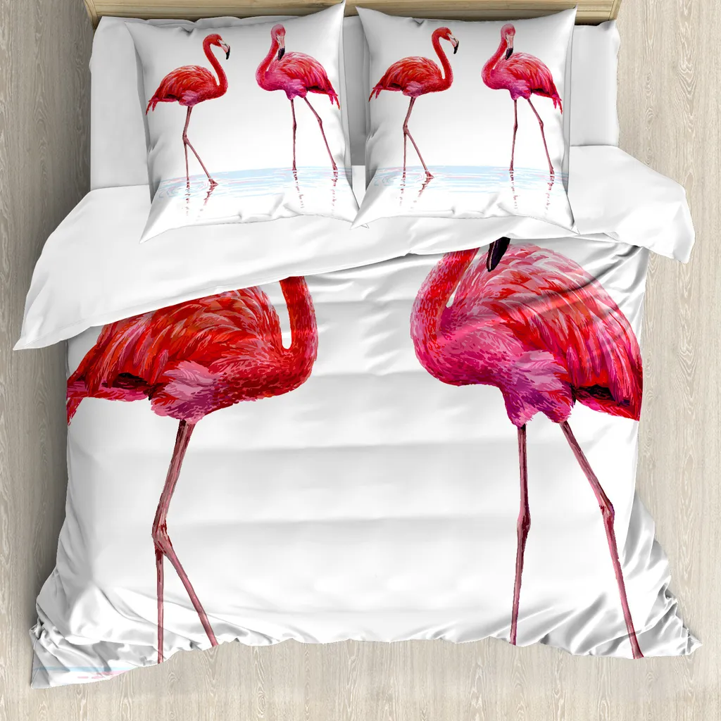 ABAKUHAUS Set copripiumino Flamingo per letti matrimoniali, esotico animale uccello lago, antiacaro adatto a chi soffre di allergie con federe, bianco e grigio antracite