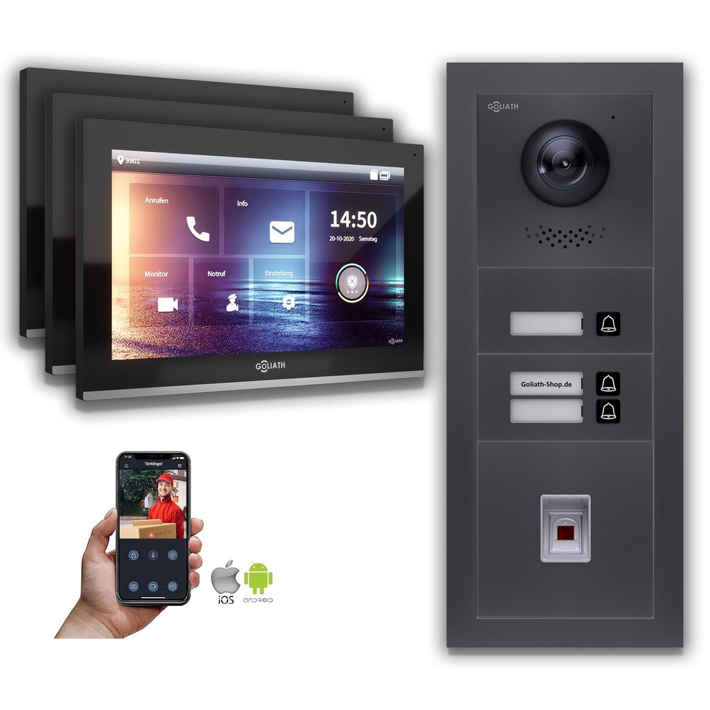 Goliath IP Video Türsprechanlage: 10-Zoll 3 Familienhaus, Fingerprint, Anthrazit : 10 Zoll in Schwarz : Aufputzdose : 4er POE Anschluss über:: 4...