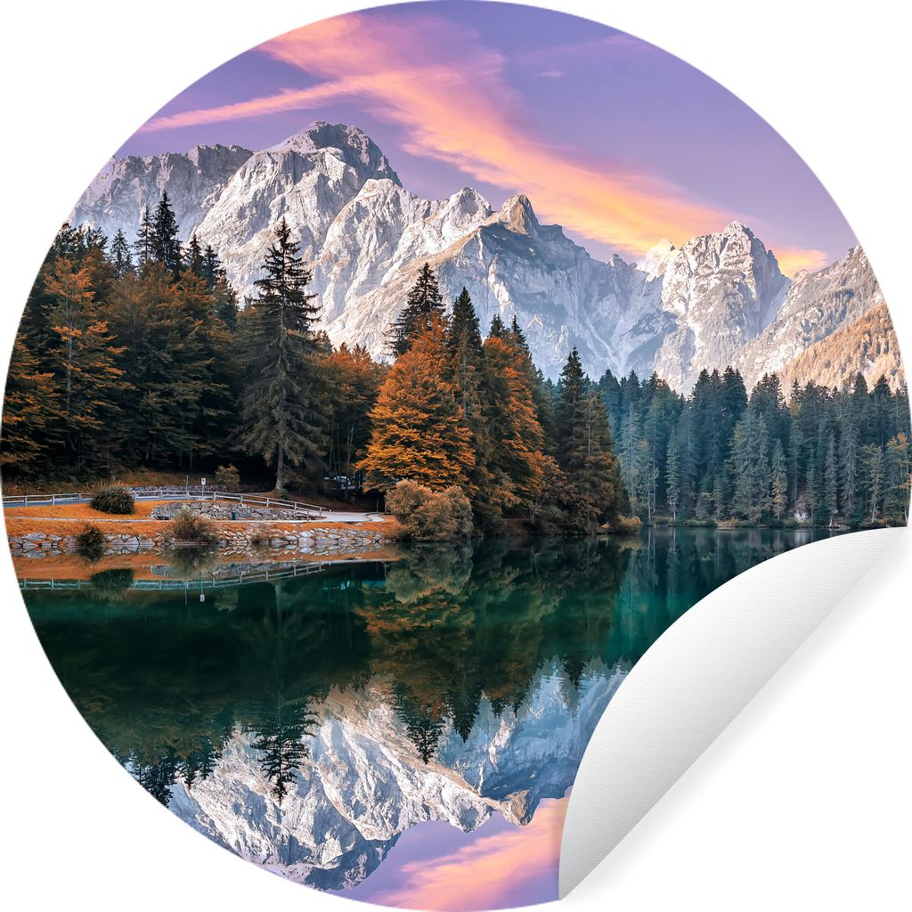 MuchoWow Runde Wandtattoo - Wandsticker Tapete Aufkleber Berg - Wald - Wasser - Himmel - Rosa - Lila Ø 100 cm Selbstklebend und Repositionierbar...