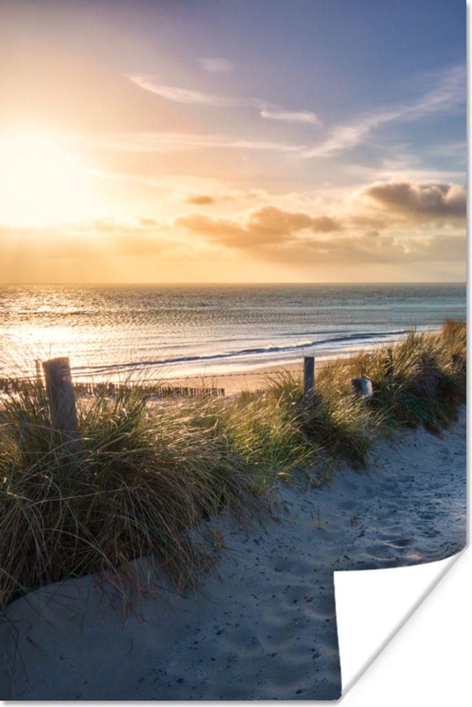 MuchoWow Poster Sonnenuntergang - Strand - Düne - Gras - Bank 40x60 cm - Plakate für die Wand - Poster Babyzimmer