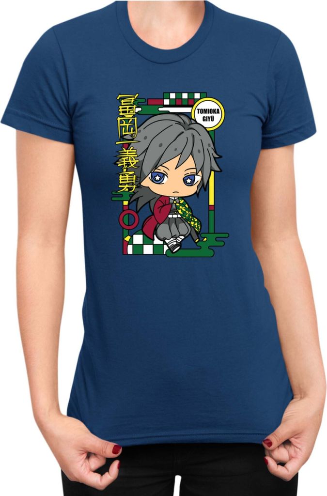 Damen T-Shirt Demon Anime Slayer Kimetsu No Yaiba Chibi Giyu Tomioka, Lady XS / Dunkelblau
