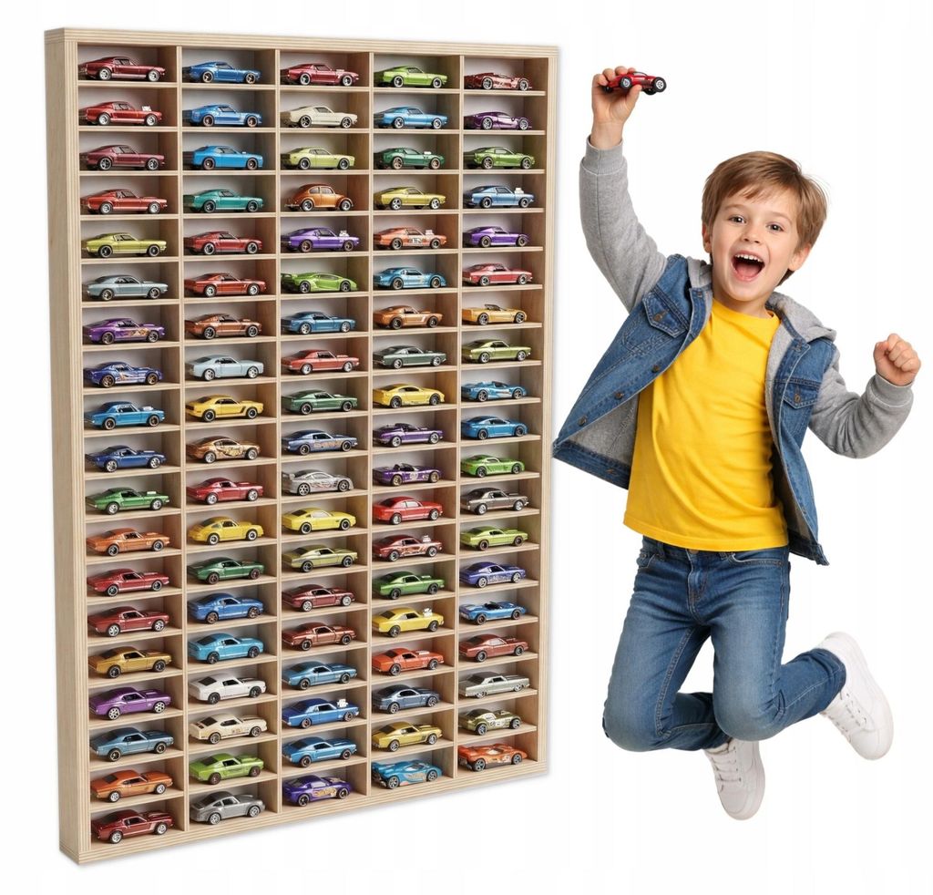 Modellauto-Regal für 100 Autos 1:64 – Wandregal & Setzkasten für Spielzeugautos, Birken-Sperrholz – mit Modellautos an der Wand