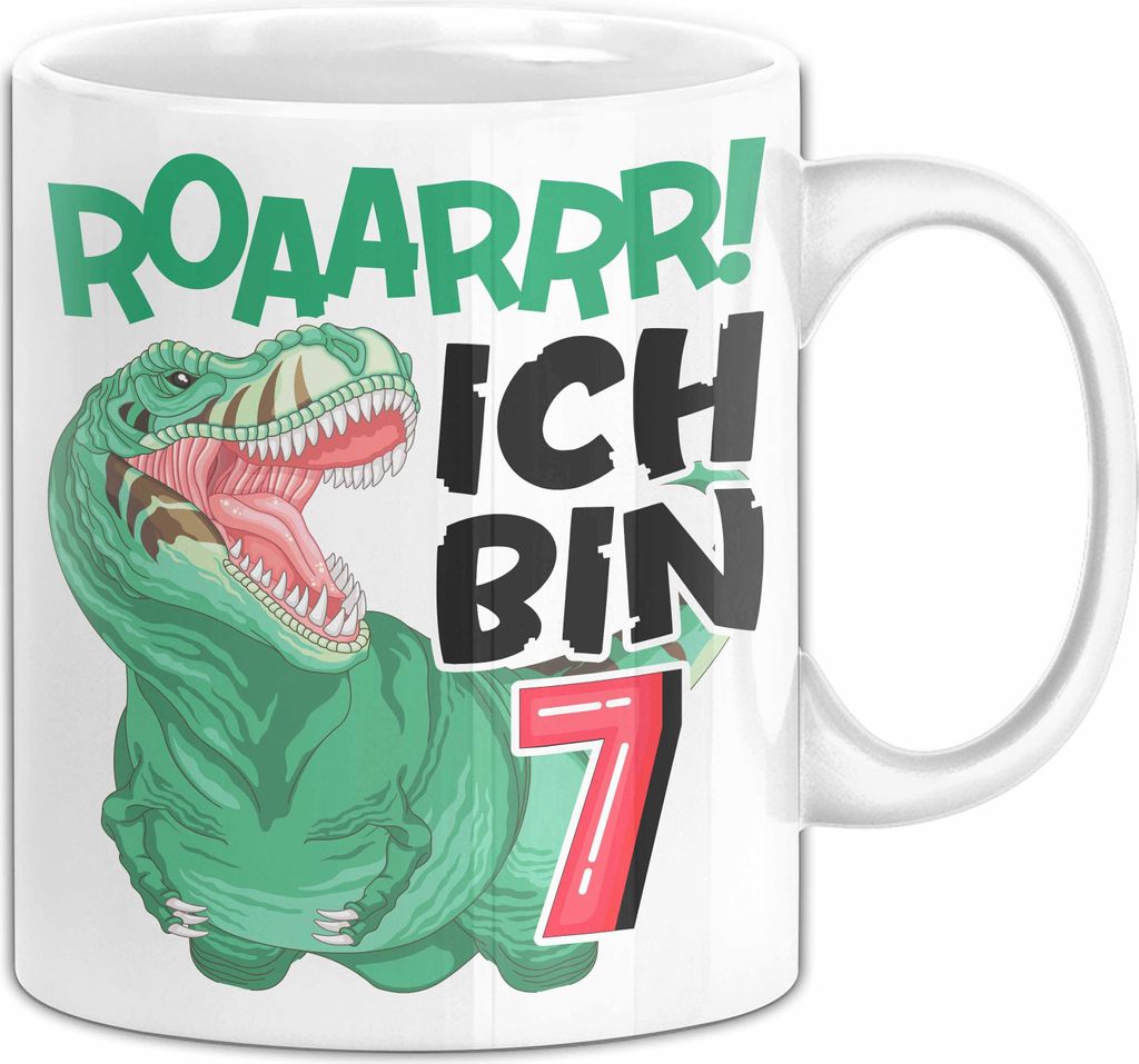 7. Geburtstag Geschenk Tasse Becher Jungs Dino T-Rex Roaarrr Ich Bin 7 (Weiß)