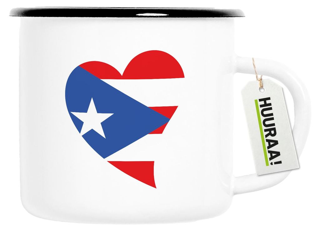 Huuraa Emaille Tasse Puerto Rico Flagge Herz 300ml Vintage Campingbecher Geschenkidee