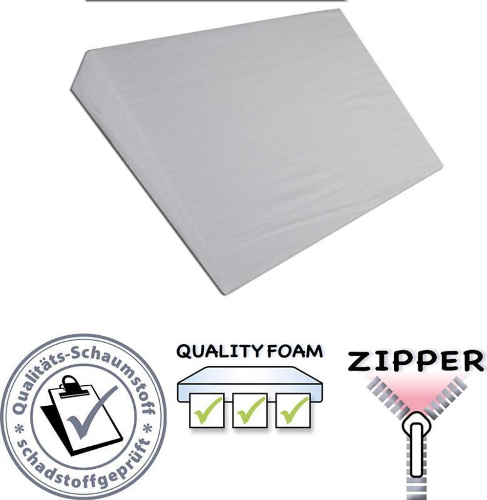 A wedge-shaped pillow on a white background with marketing icons.