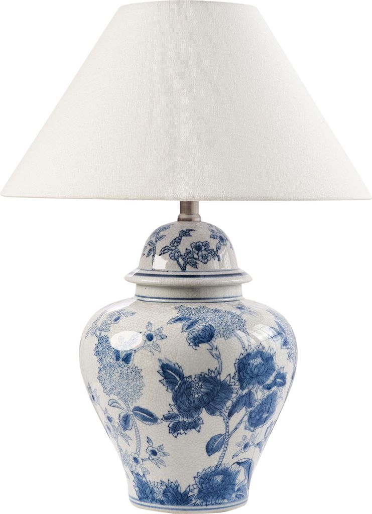 BELIANI Tischlampe Weiß und Blau Porzellansockel Leinenglockenschirm mit Blumenmuster Beleuchtung Stilvoll