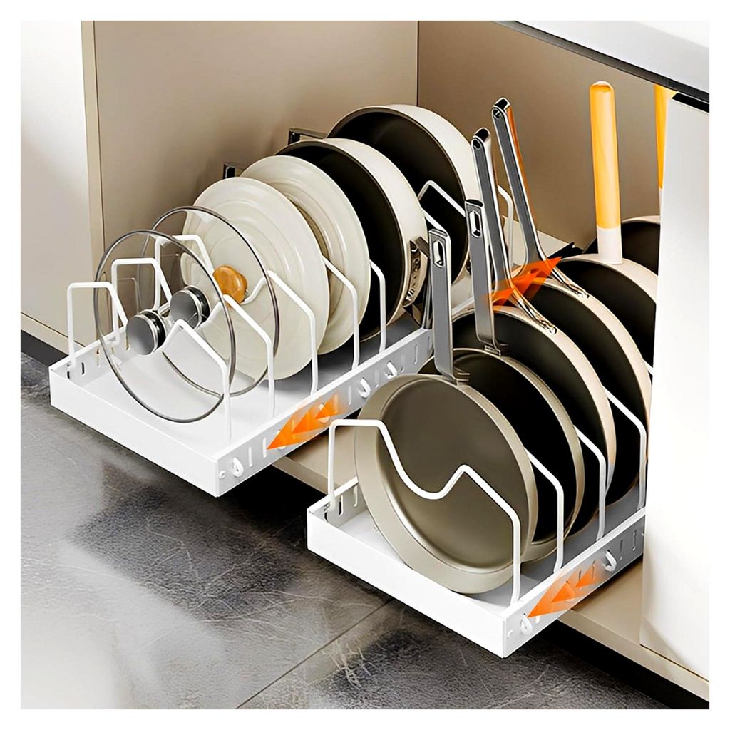 2er Set Ausziehbare Topfdeckelhalter, Organizer für Topfdeckel mit 8 Verstellbaren Trennwänden, Pfannenorganizer für unter dem Schrank (Weiß)