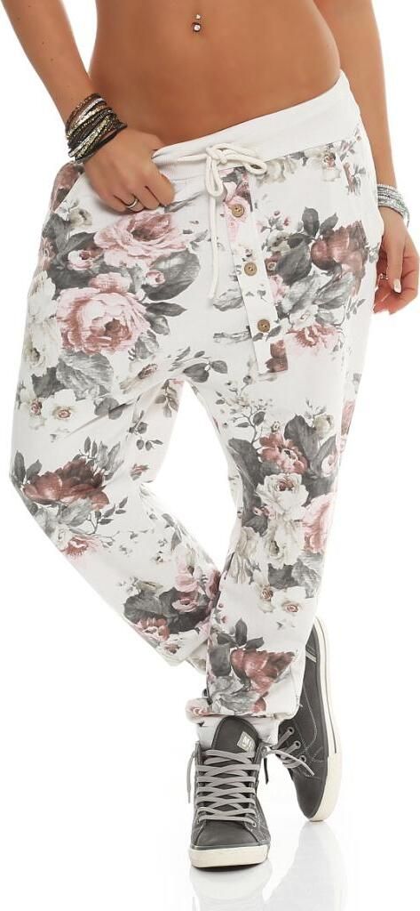 130 Damen Jogginghose Hose Sweatpants Baumwolle Freizeithose Boyfriend Baggy Haremshose Einheitsgröße (36-40) Blumen Muster Print, Weiß