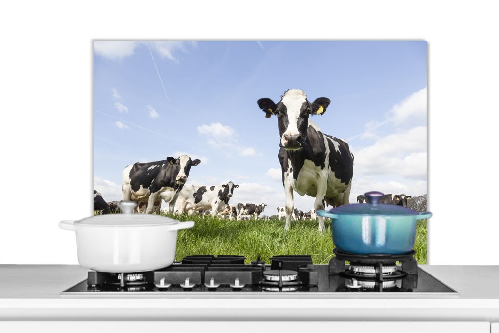 KitchenYeah Spritzschutz Küche - Küchenrückwand - Wandschutz für Herd und Spüle - Kühe - Gras - Tiere - Sonne - Bauernhof 90x60 - Alu-Dibo...