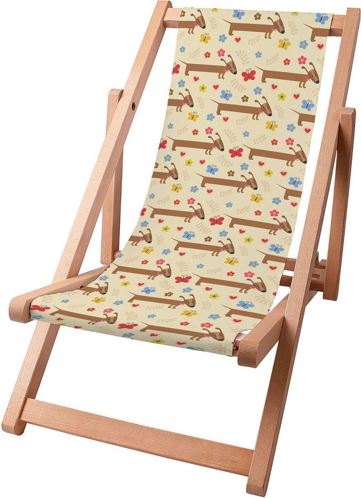 Dreamroots Kinder Liegestuhl klappbar Holz, bis zu 130 kg, Sonnenliege klappbar mit 3-stufiger Neigungsregulierung der Rückenlehne, Dachshund