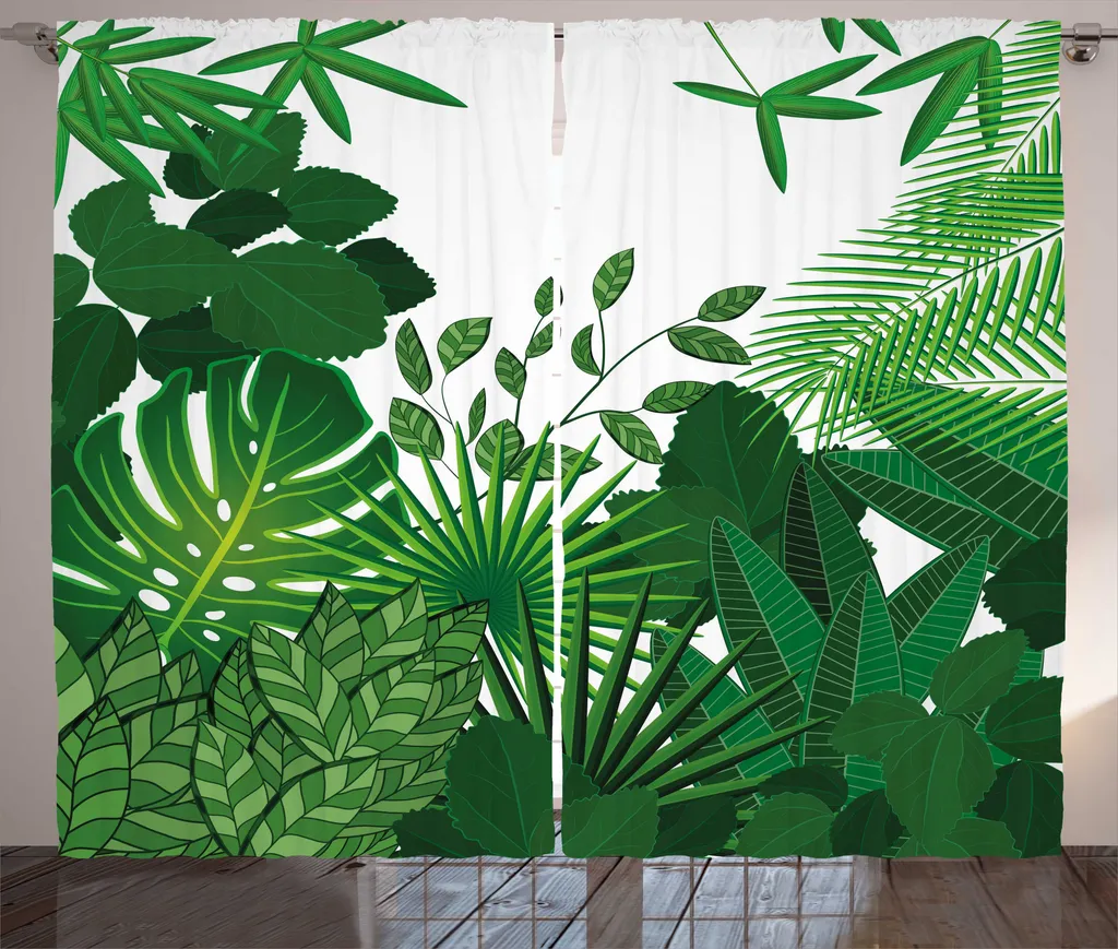 ABAKUHAUS Jungle Leaves Rideau à Ruban Froncé 280 x 225 cm Vert Émeraude