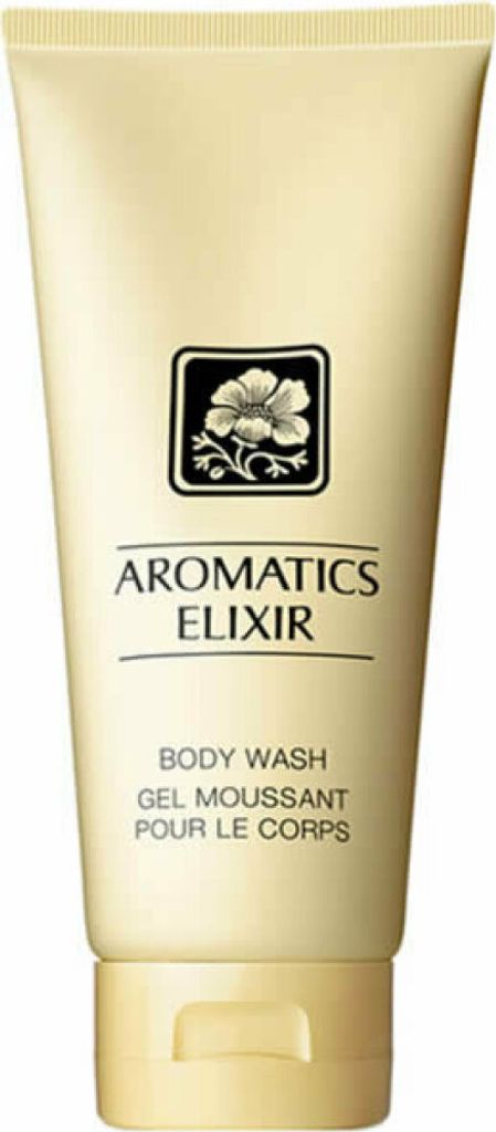 A front view of a cream-colored tube of Clinique Aromatics Elixir body wash.