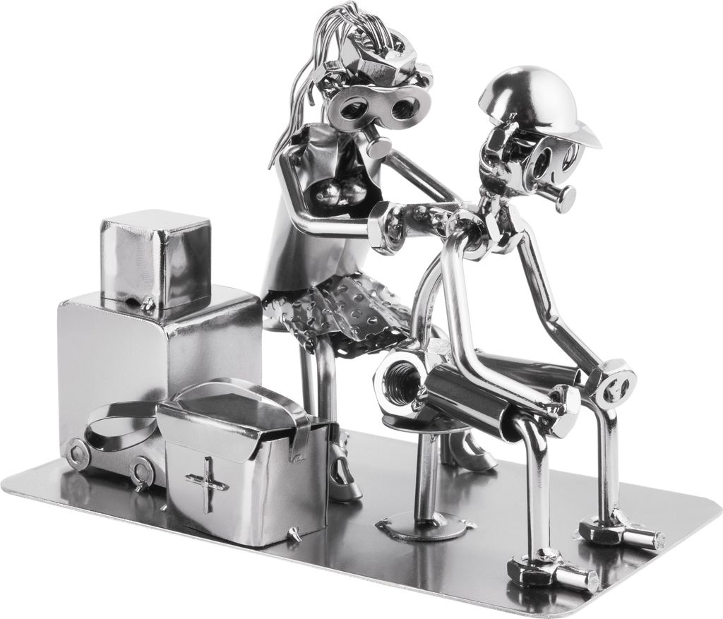 A metal sculpture of a tattoo artist and client.