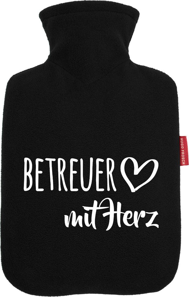 Huuraa Wärmflasche Betreuer mit Herz 1,8 Liter Black Classic Veloursbezug Bettflasche Geschenkidee