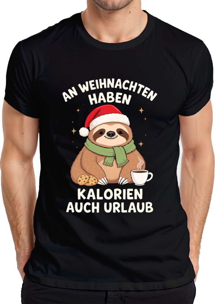 An Weihnachten haben Kalorien auch Urlaub Faultier lustig Keks Herren T-Shirt, Schwarz, XXL