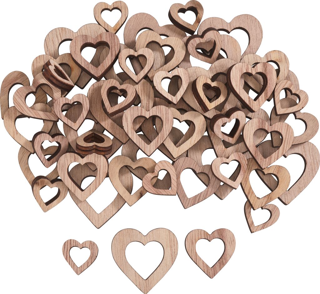VBS Streuteile Herzen-Mix, 48 Stück, Natur, ca. 3-4 cm, ideal für Dekoration