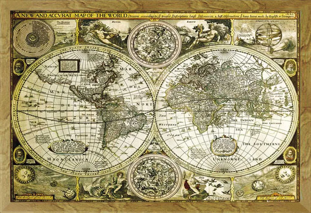 Mappe - Poster - Mappa del mondo - Cornice storica + rimovibile, Shinsuke® Maxi MDF oak, vetro acrilico