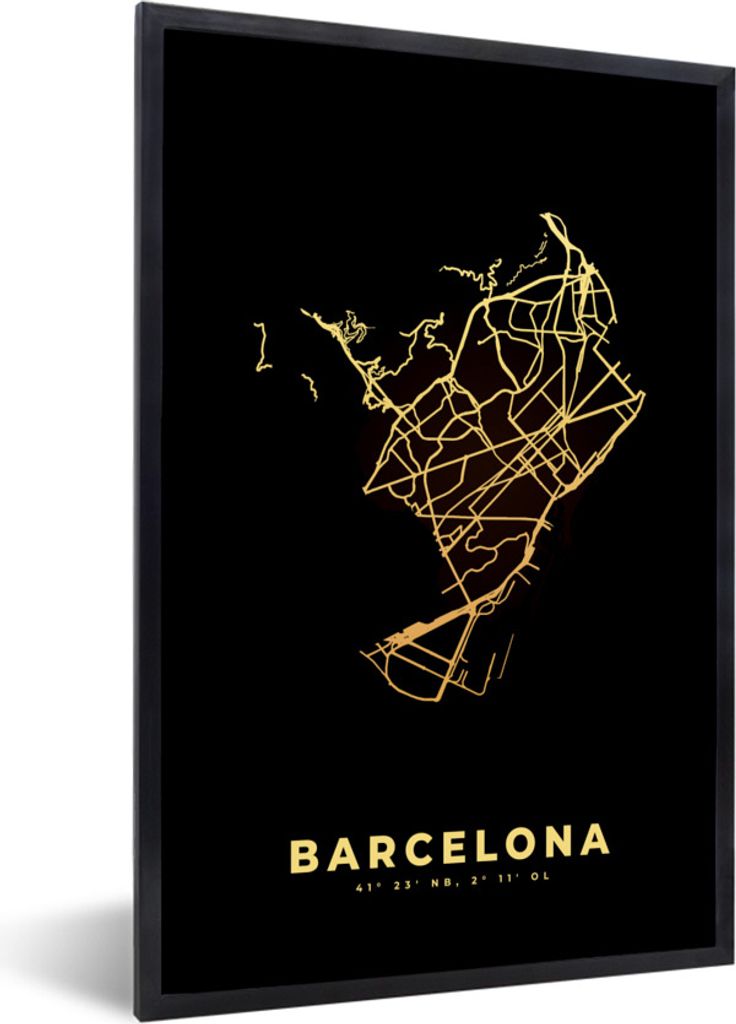 MuchoWow Gerahmtes Poster Stadtplan - Spanien - Schwarz - Gold 20x30 cm - Poster mit Schwarzem Bilderrahmen Wandposter Rahmen Foto Bilder - Druck...
