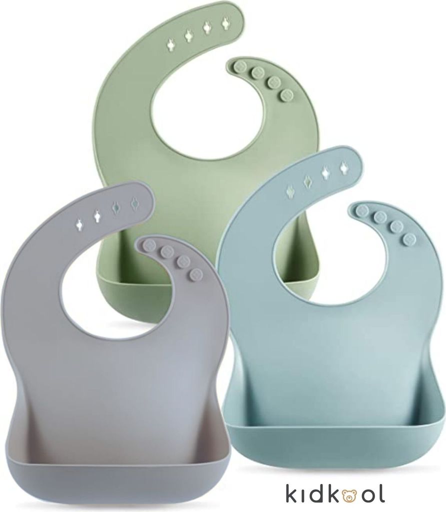 3er Set Baby Silikon Lätzchen für Fütterung mit Auffangschale - Silikonlätzchen mit Tasche - BPA Frei - Wasserdicht - Einfache Reinigung - KIDKOOL
