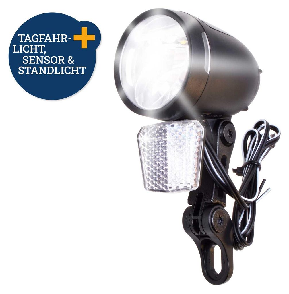Fahrrad LED Scheinwerfer 80 LUX Tagfahrlicht, Sensor und Produktbild 