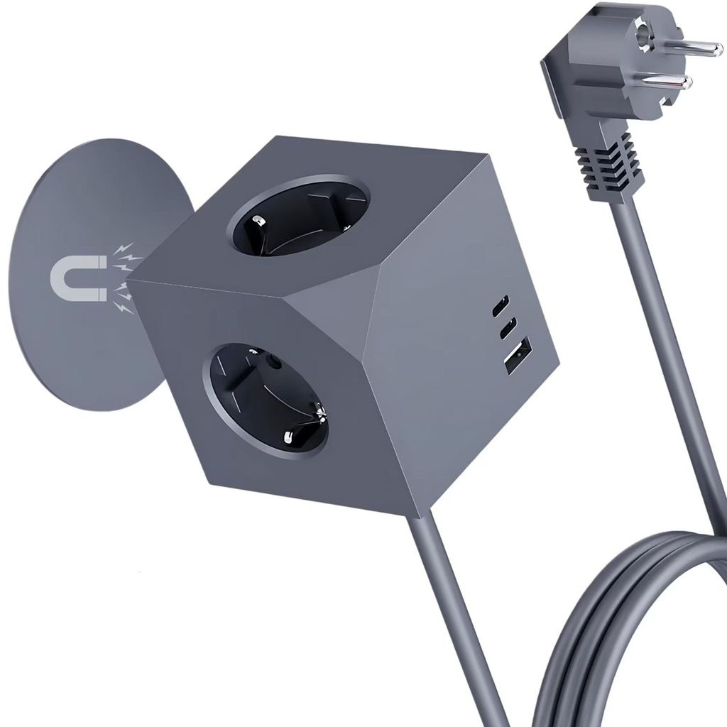 Steckdosenleiste mit USB Typ C Mehrfachsteckdose Würfel 3680W/16A 6 in 1 PD20W mit Magnetpad 1,5M Verlängerungskabel für Büro, Hause, Grau