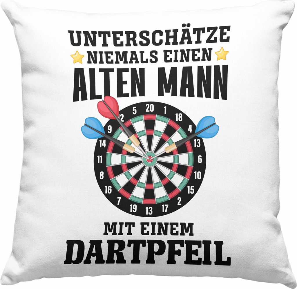 Trendation - Dart Deko-Kissen mit Füllung 40x40 Unterschätze Niemals Einen Alten Mann Mit Einem Dartpfeil Spruch Männer Dart-Spieler Geschenkide...