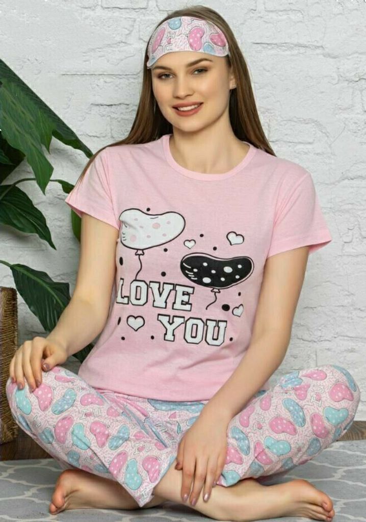 Damen Pyjama Schlafanzug Rosa M Kurz 3-Teiler Set mit Augenband L-72