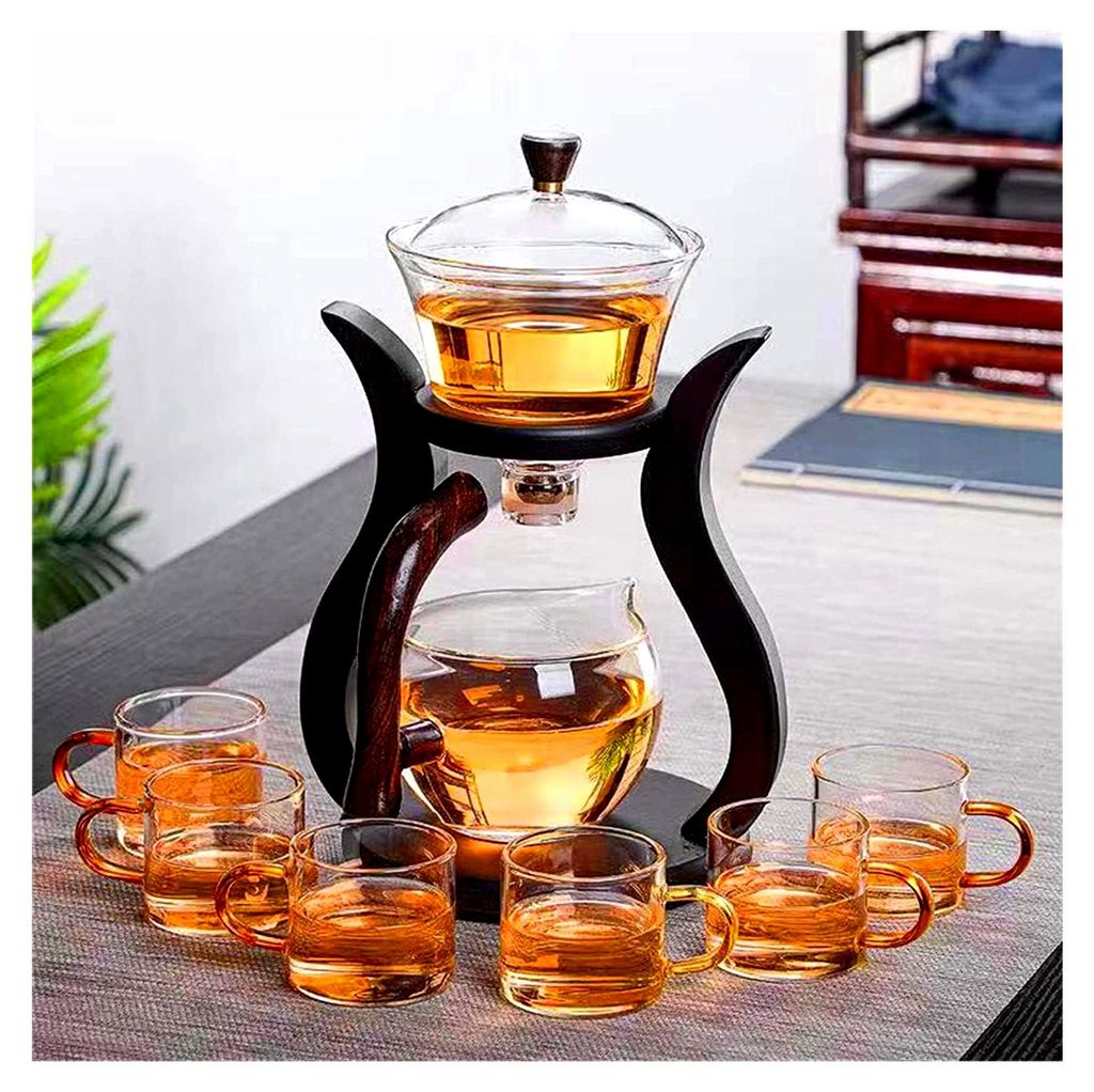 Halbautomatische Glas-Teekanne mit rotierender Abdeckung und Schalen für magnetischen Wasserfluss, Teekannen-Set mit 6 Schalen