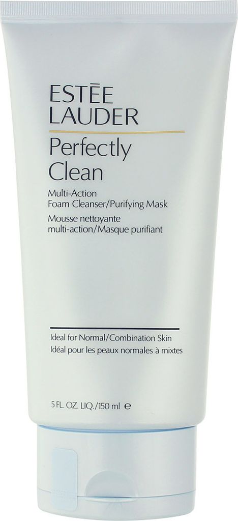 A white tube of Estee Lauder Perfectly Clean Multi-Action Foam Cleanser/Purifying Mask.