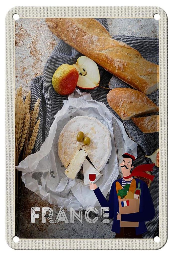 Blechschild Reise 12x18cm Frankreich Baguette Käse Birne Olive Schild