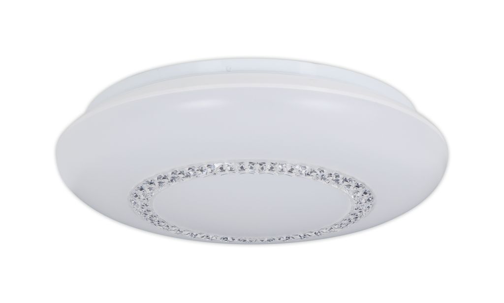 A white ceiling light with a decorative ring of clear crystals.