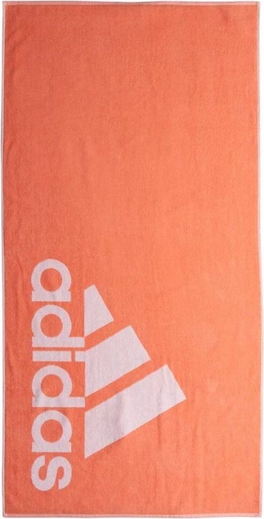 A coral-colored Adidas towel with the Adidas logo in white.
