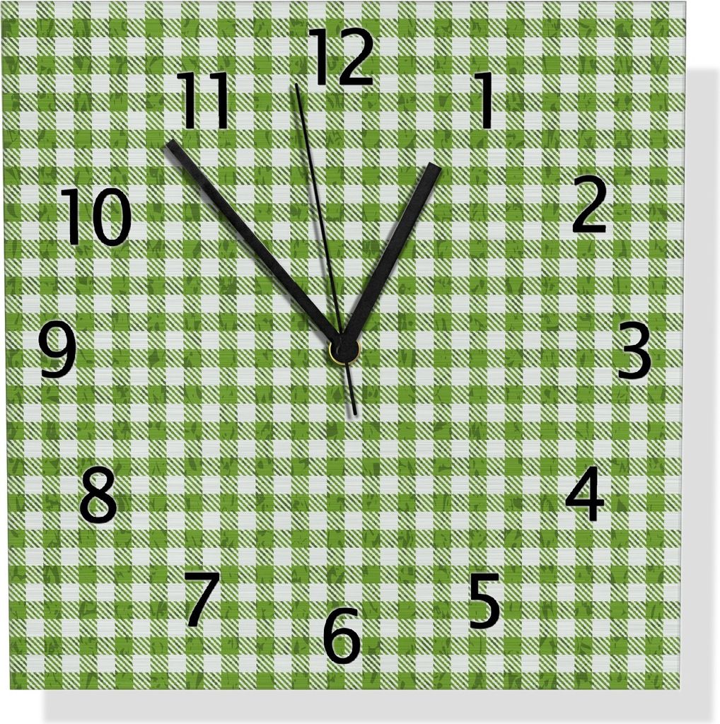 Wallario Design Wanduhr Muster einer Tischdecke in grün und weiß kariert aus Aluverbund, Größe 30 x 30 cm