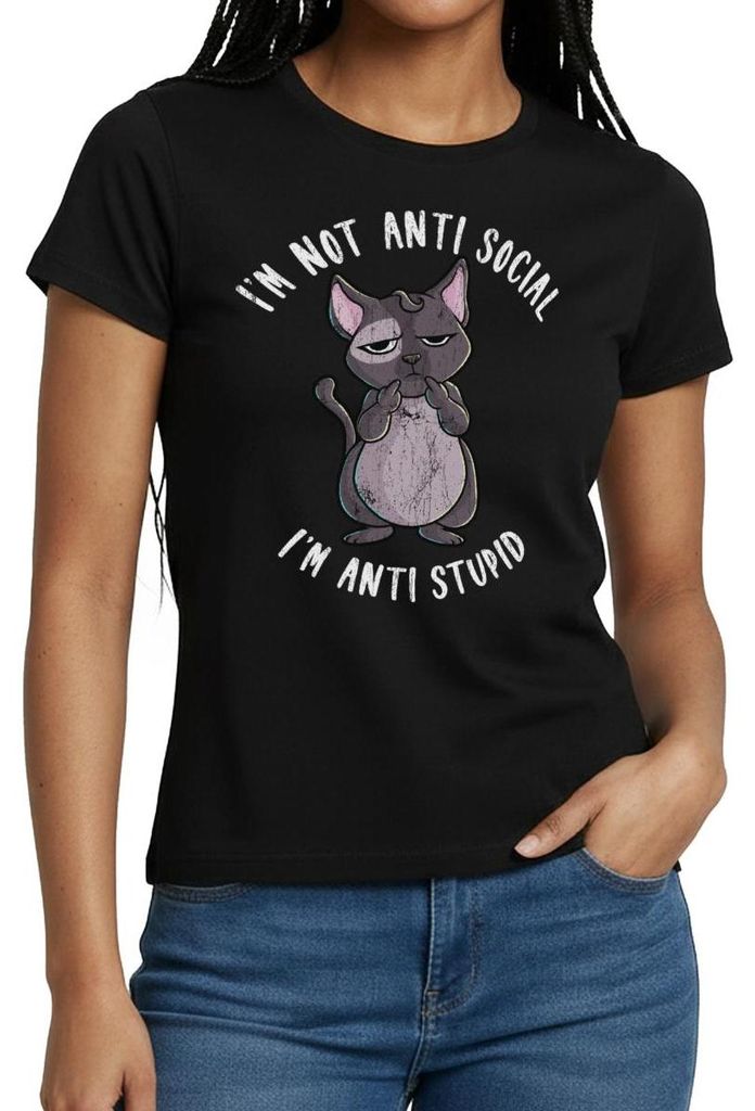 Spreadshirt I’m Not Anti Social I’m Anti Stupid | Genervte Katze Frauen T-Shirt, XXL, Schwarz