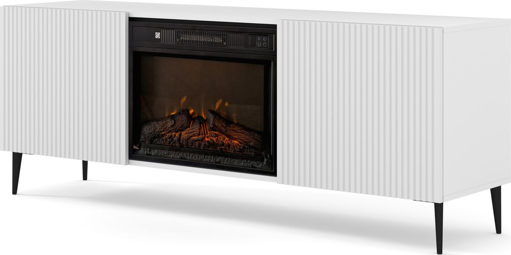 TV-Schrank RAVENNA 2D 170 cm mit Kamin WEIß MATT auf schwarzen Beinen