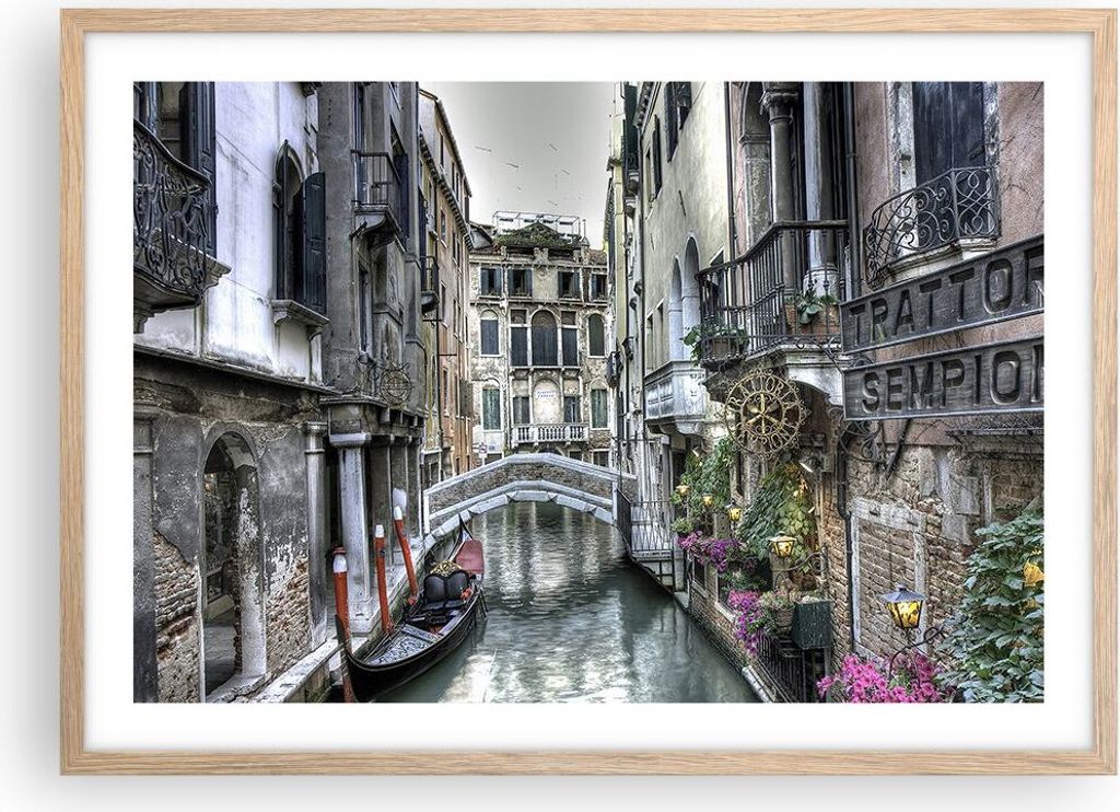 Gerahmtes Poster - Rahmen in heller Eiche - Venedig Brücke Wasser - 70x50 cm - Wand Bild - Wanddeko - Wandbilder - Wandposter - Bilderrahmen - Bil...
