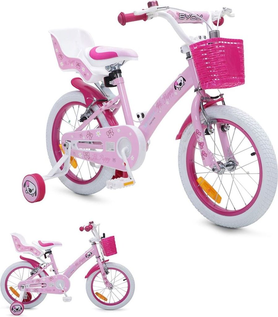 Byox Kinderfahrrad 16 Zoll Puppy rosa, Stützräder, Puppensitz, einstellbar