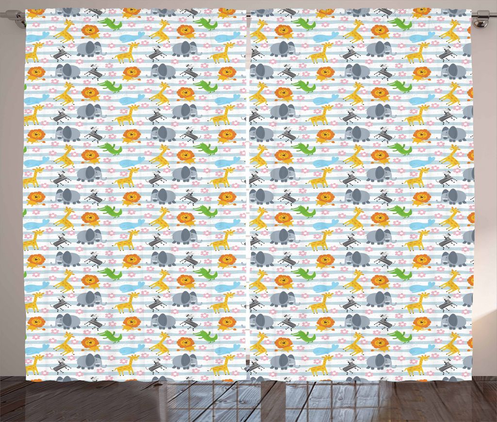 ABAKUHAUS Safari Rustikaler Gardine, Freundlich Zoo Charaktere, Schlafzimmer Kräuselband Vorhang mit Schlaufen und Haken, 280 x 175 cm, Mehrfarbig