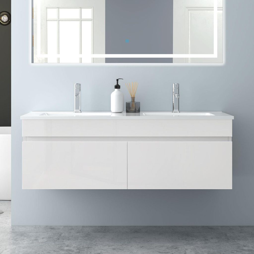 Waschtisch mit Unterschrank 120cm BERGEN Badmöbel Set Hochglanz Weiß Keramik Waschbecken mit Unterschrank MDF Softclose