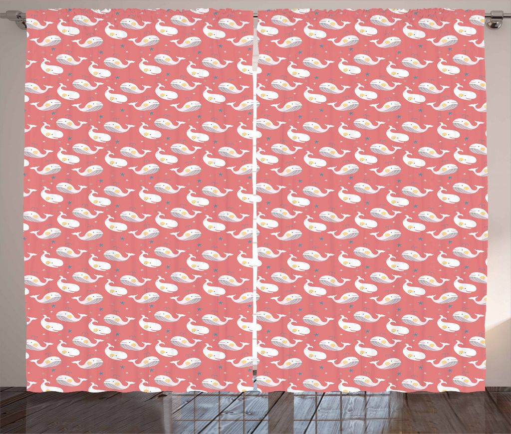 ABAKUHAUS Wal Rustikaler Vorhang, Baby-Tiere für Kinder, Wohnzimmer Universalband Gardinen mit Schlaufen und Haken, 280 x 245 cm, Weiße Koralle u...