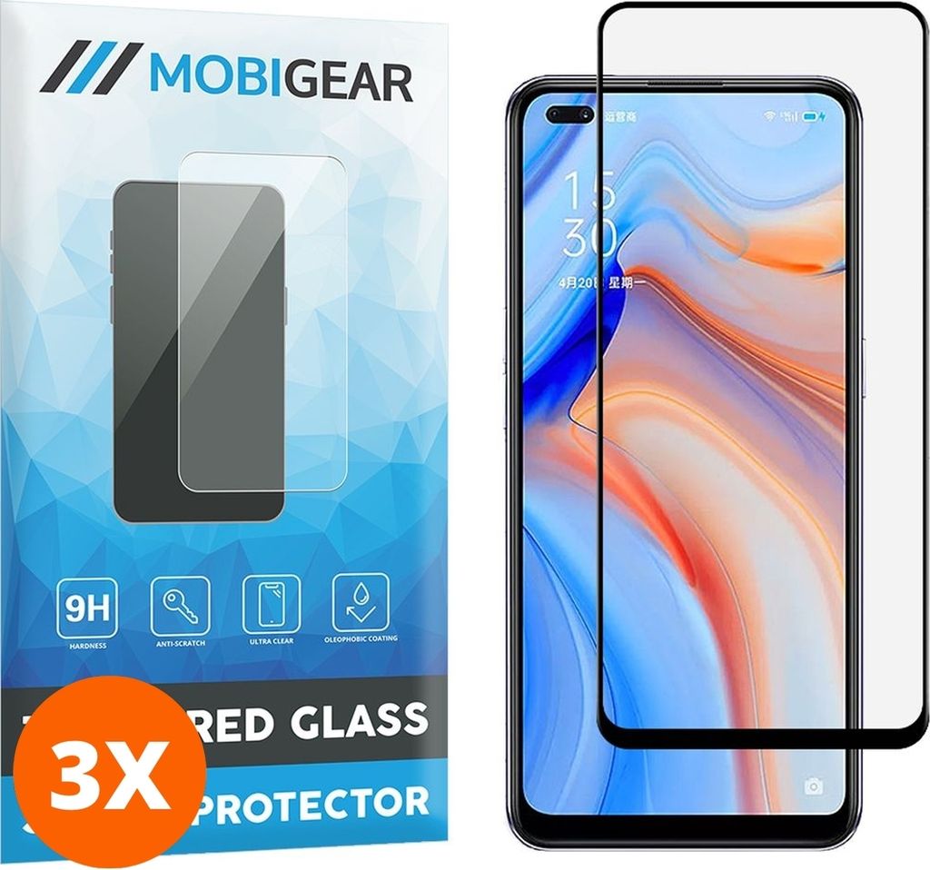 Mobigear Premium 9.98 OPPO Reno 4 5G Panzerglas Gehärtetes Glas Displayschutz - Hüllenfreundlich - Schwarz (3er Pack)