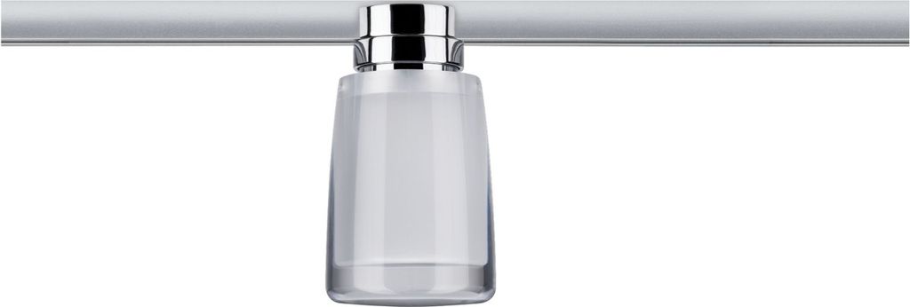 A close-up studio shot of a single light fixture hanging from a rail.