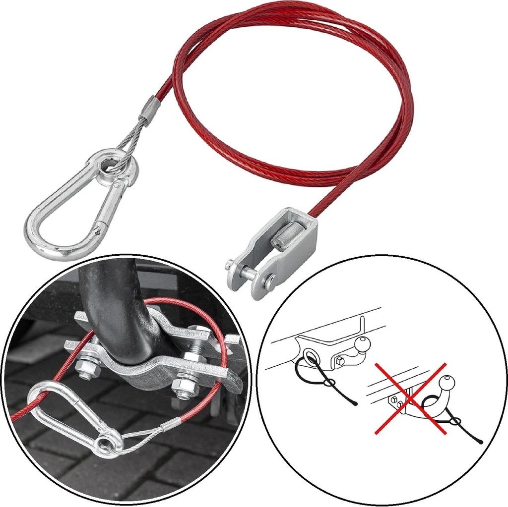 Sicherungsseil für Anhänger und Wohnwagen – Abreißseil mit Gabelkopf und Karabiner, Fangseil 100 cm Abreissseil in Rot