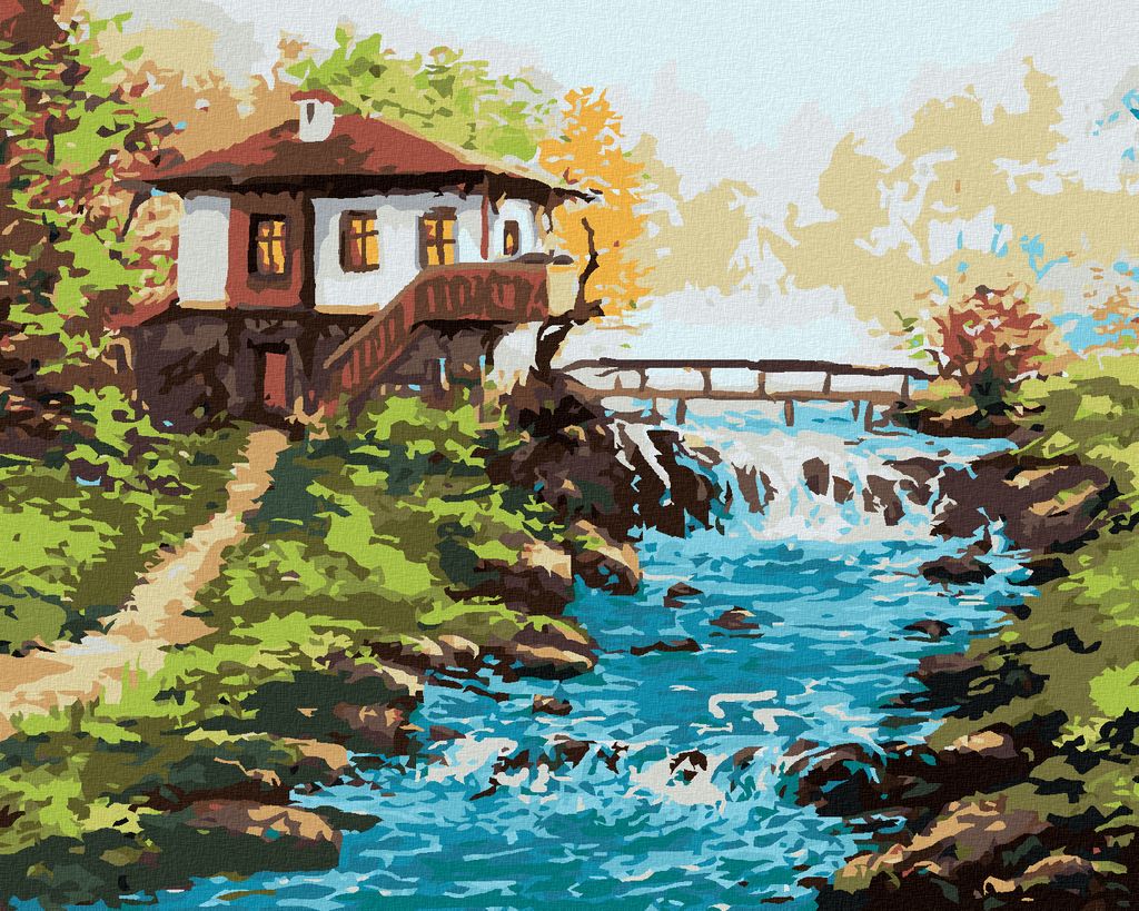 Zuty - Malen nach Zahlen - BULGARISCHES HAUS AM FLUSS IN DEN BERGEN, 40x50 cm, mit Keilrahmen (bereits gespannt)