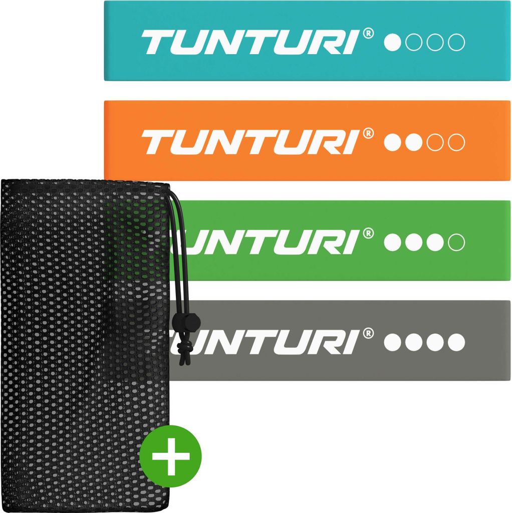 Tunturi 4 Widerstandsbänder Set – Mini Power Band – Trainingsgummi – Fitnessband – Übungsband – Gymnastikband – Inklusive e Fitness App