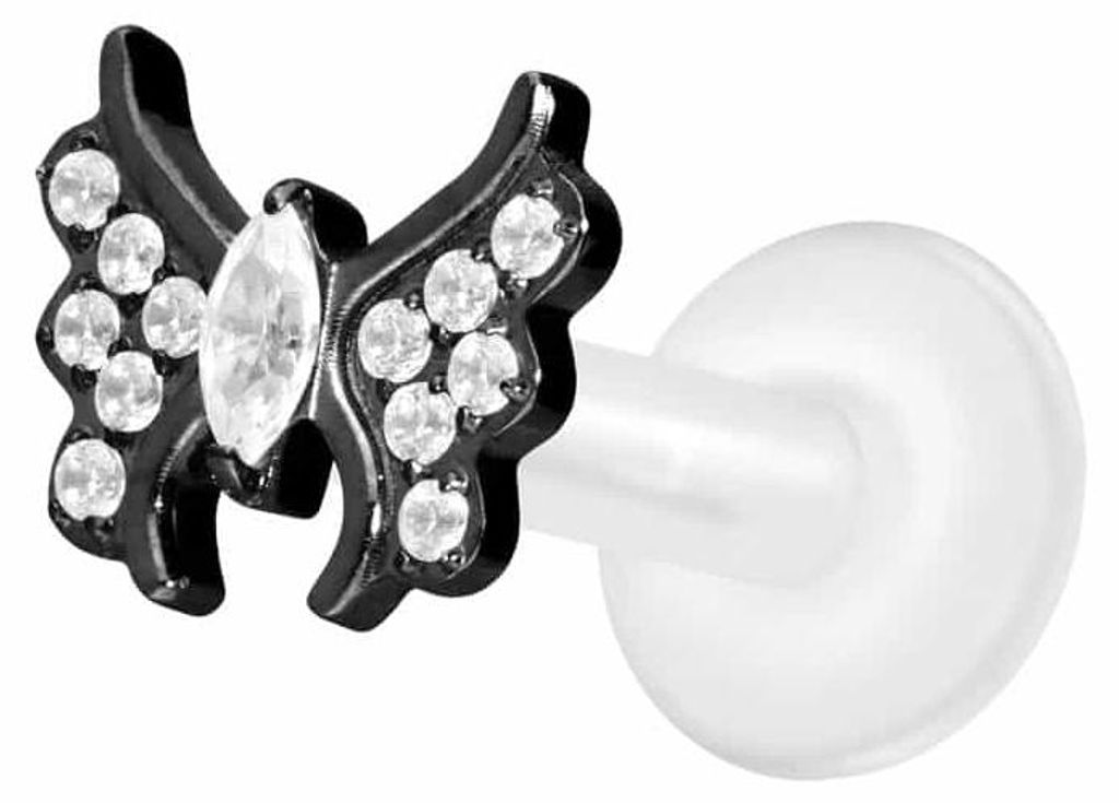 Ohrpiercing, Nasenpiercing PTFE Labret mit Innengewinde + Titan-Aufsatz KRISTALLSCHMETTERLING Schwarz Stablänge: 7mm | Stabstärke: 1,6mm