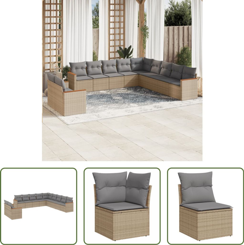The Living Store 11-tlg. Garten-Sofagarnitur mit Kissen Beige Poly Rattan